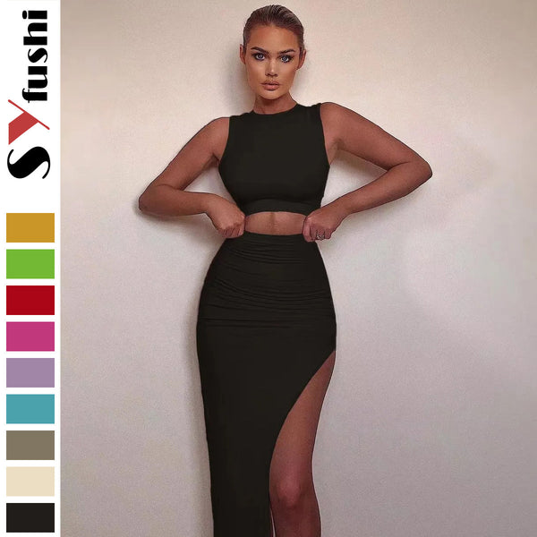Hip wrap skirt American 2024 summer women's clothing new long skirt round neck solid color temperament sexy hip wrap European and American style suit