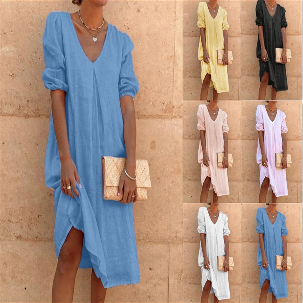 european and american cross-border   cotton linen solid color fashion mid-length long sleeve casual midi dress