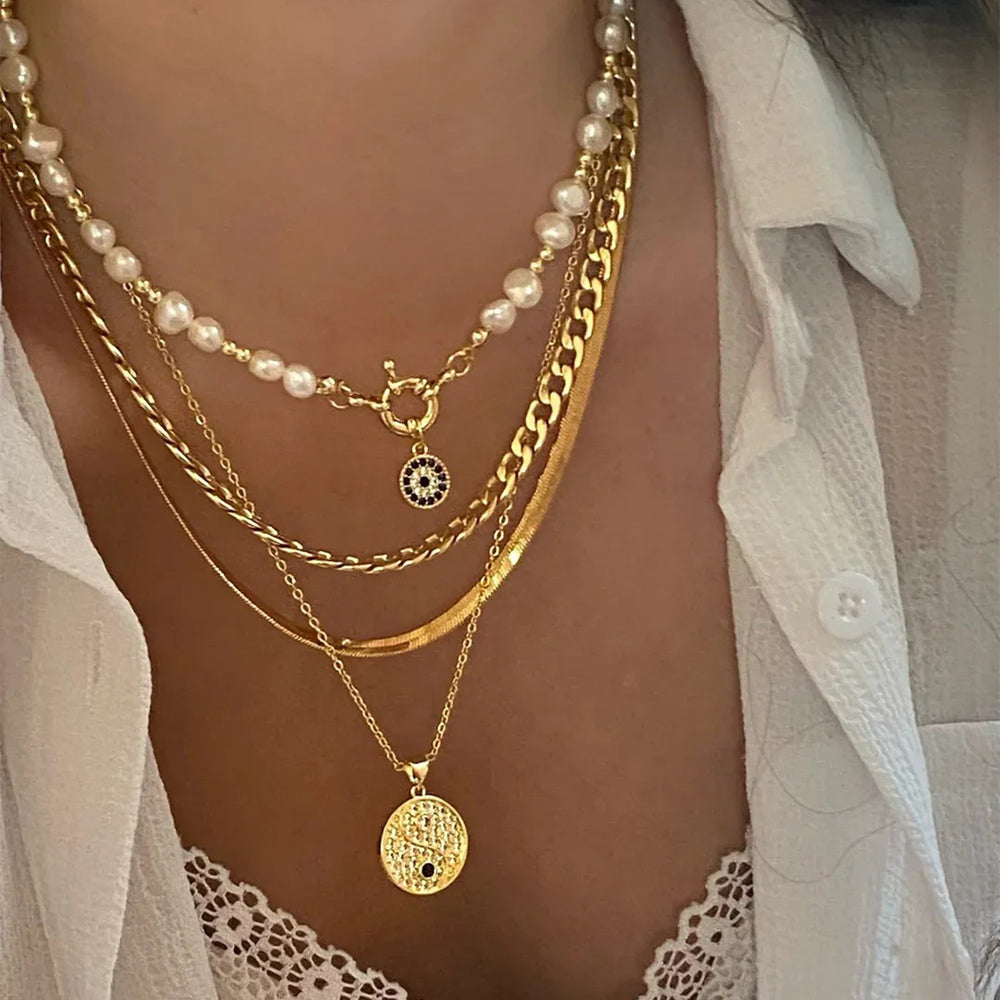 European and american round tag necklace wholesale niche trendy devil's eye multi-layered cold hip-hop style clavicle chain