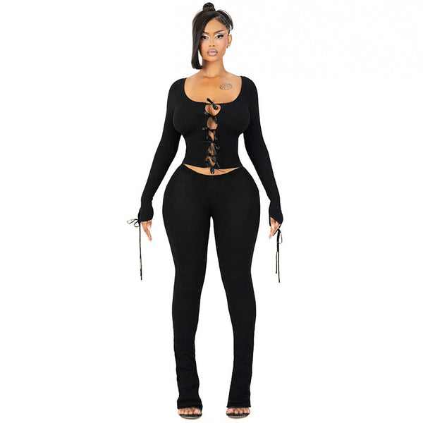 Fashion Street Casual Suit Long Sleeve Bow Tie Hollow Button Top + Trousers Two-piece Set
