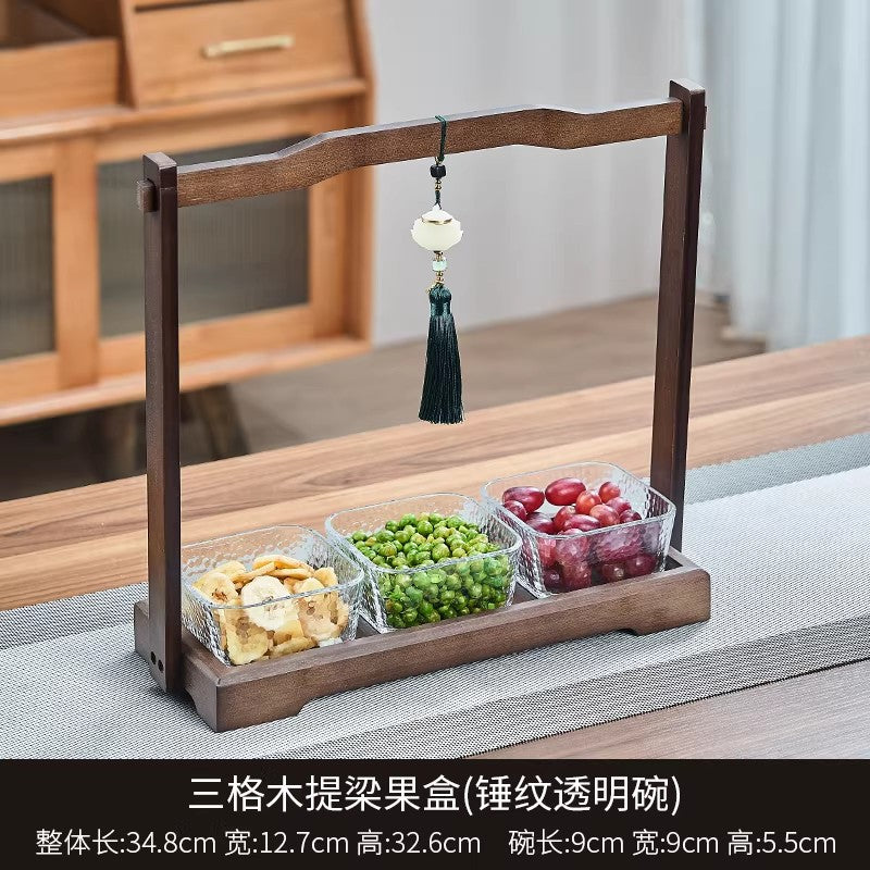 Chinoiserie walnut color dried fruit plate for home divided grids four-square grid lifting beam wedding new home glass bowl fruit plate fruit plate