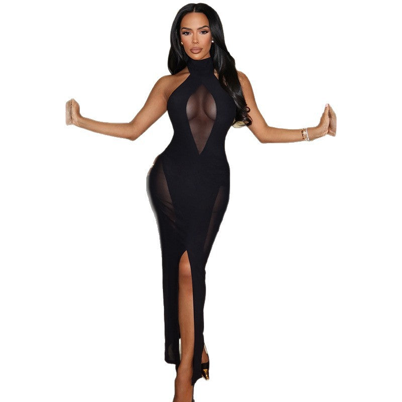 Fashion style cross-border pure colorbackless women's halter neck slit design hip skirt high collar sexy silm long dress