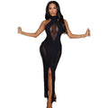 Fashion style cross-border pure colorbackless women's halter neck slit design hip skirt high collar sexy silm long dress