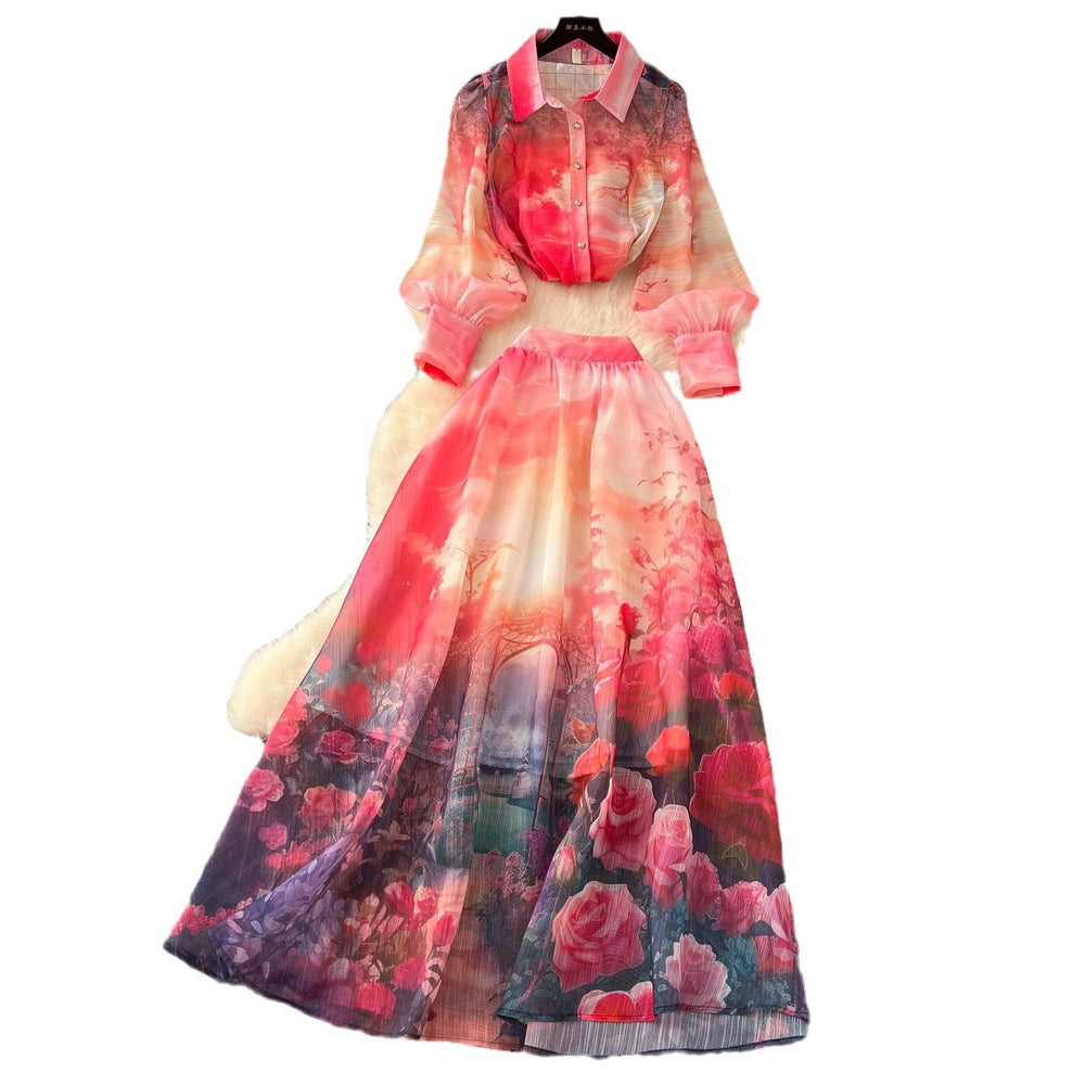Elegant and chic printed set for women: european and american style lantern sleeve button-down blouse + high-waisted flared midi skirt