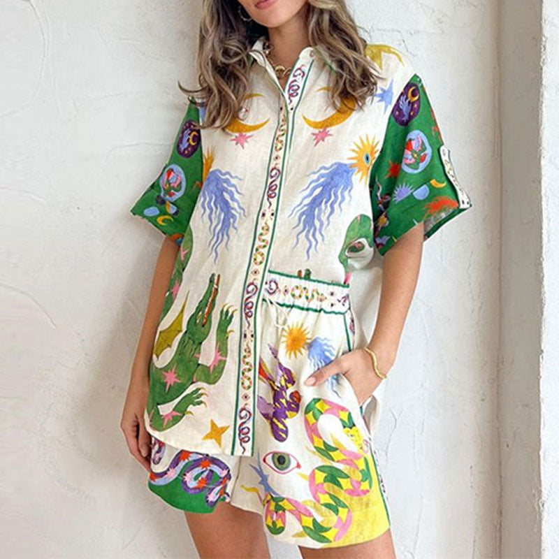 summer new women's fashion casual set - vacation-ready printed shirt and tie-waist shorts outfit