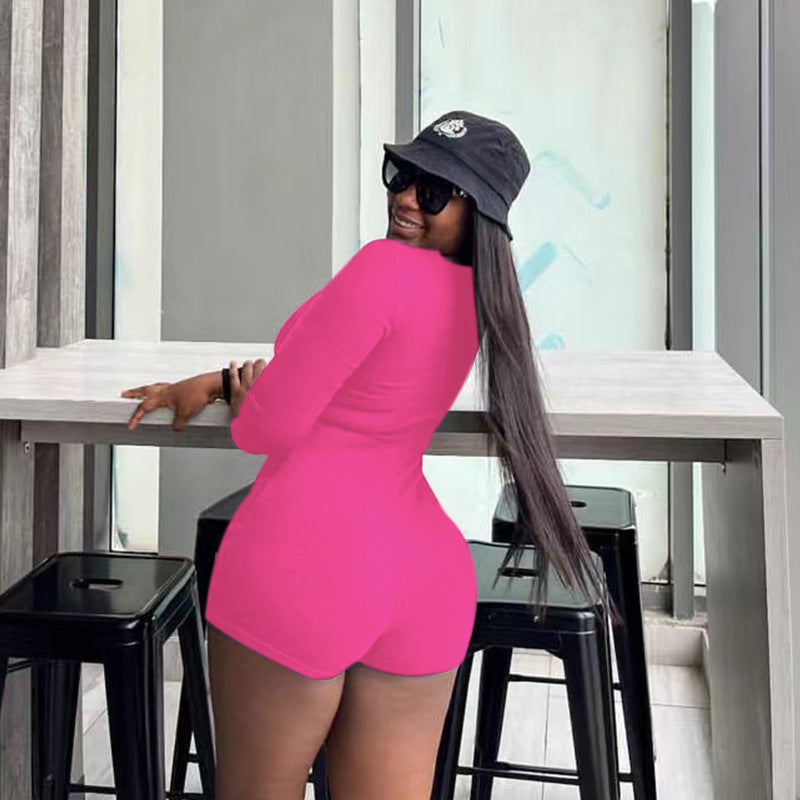 Solid color basic hollow slim-fitting long-sleeved jumpsuit women's European and American autumn new jumpsuit  Independent Station