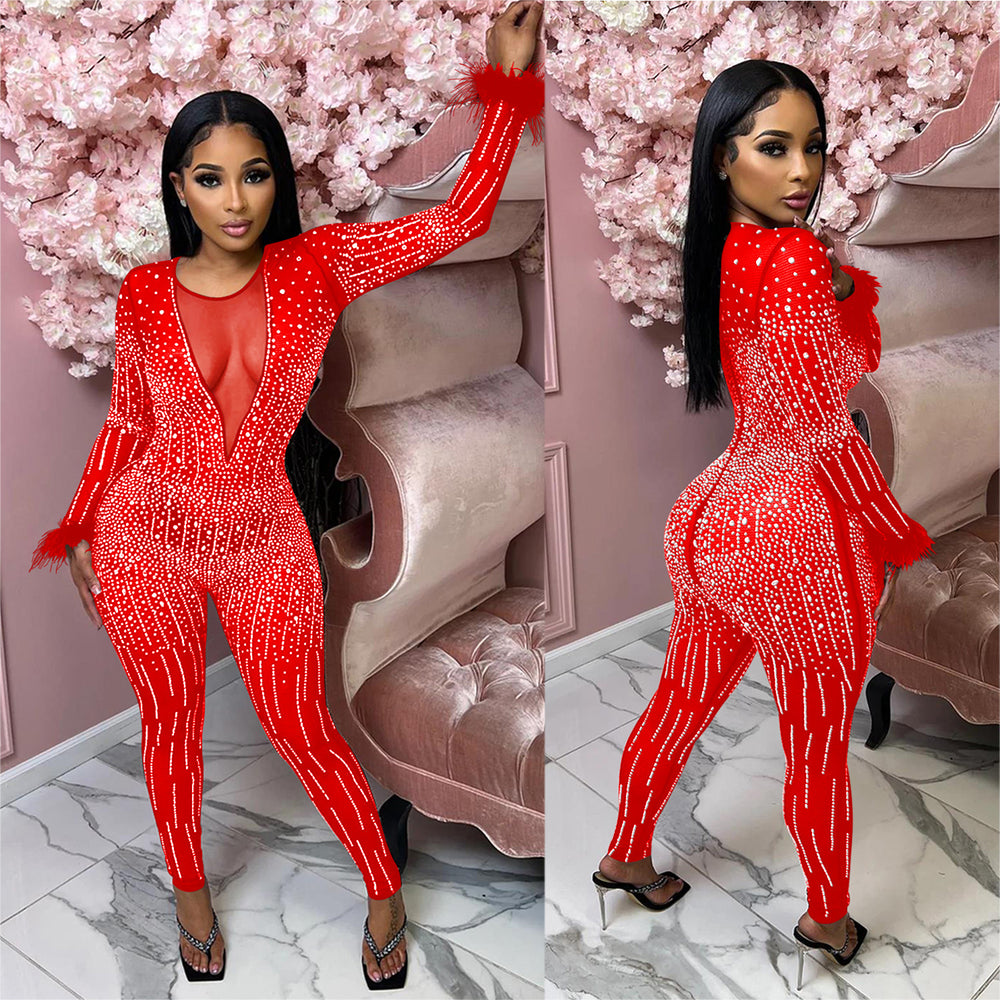 C6200   fashion women's mesh rhinestone v-neck long sleeve feather long jumpsuit