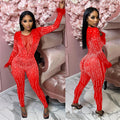 C6200   fashion women's mesh rhinestone v-neck long sleeve feather long jumpsuit