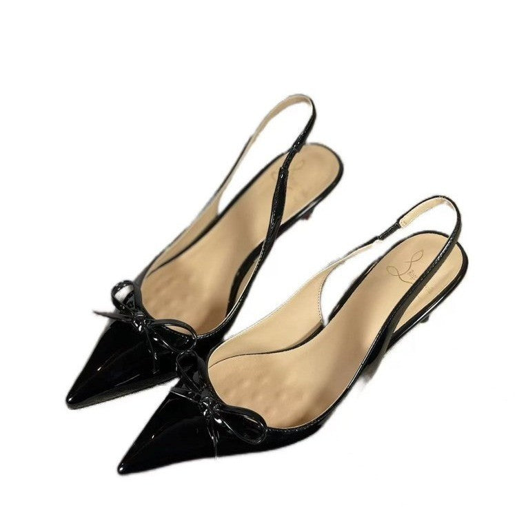 Bow-tie patent leather toe sandals for women, stunning and elegant french-style single shoes, stiletto heels, pointed toe, low-cut nude high heels