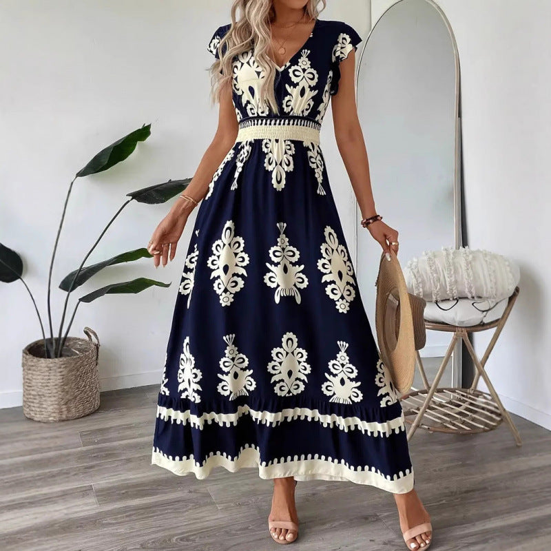cross-border european and american style beach dress - vacation-inspired printed maxi dress - tiktok/ trend