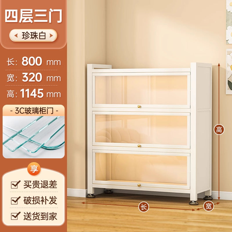 Steel bookcase glass door bookshelf for home living room storage cabinet floor-standing dust-proof figure display cabinet iron storage rack