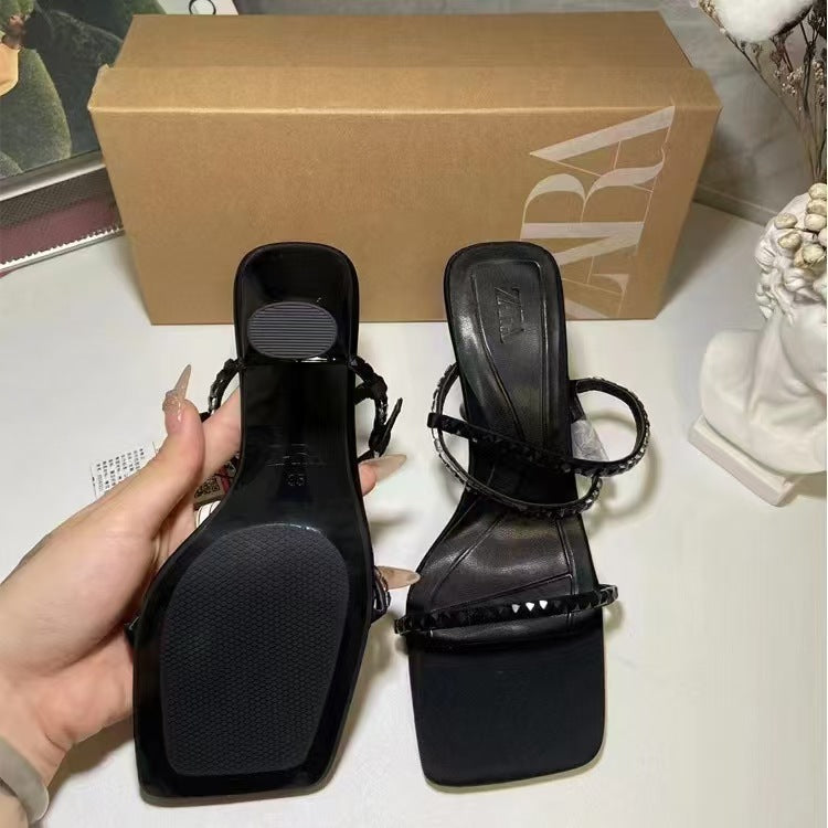 Za new 2024 fashion french black high heels square toe one strap rhinestone open toe back strap sandals women