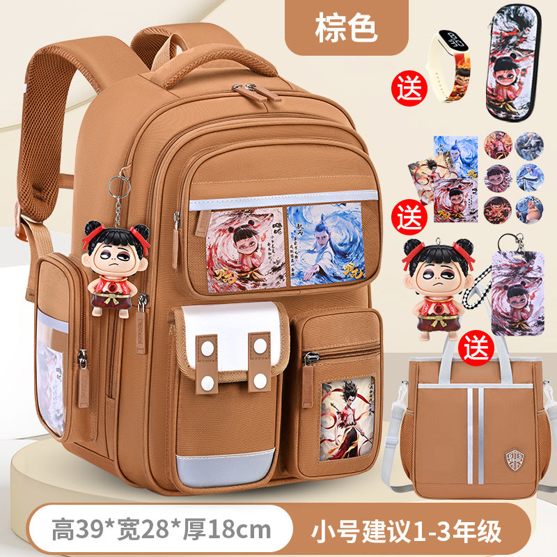 New nezha backpack for boys and girls, grades 1-6: spine protection, lightweight design, and extra-large capacity