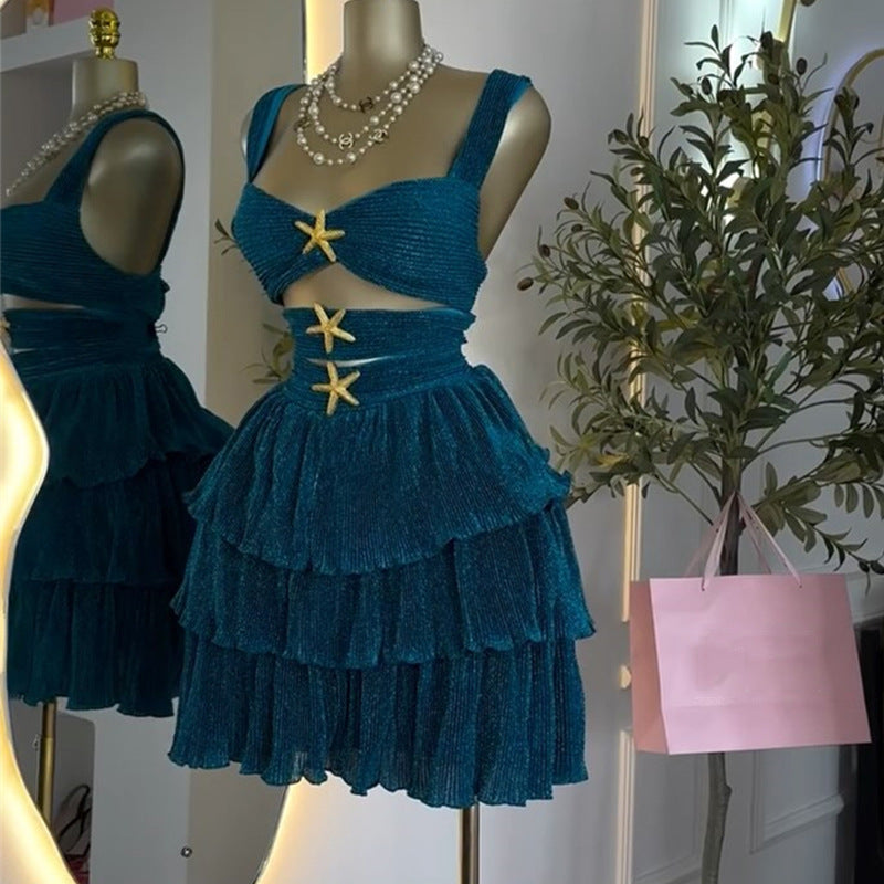 European and american cross-border women's fashion:  summer new arrival - elegant vintage hollow-out ruffle trim high-waisted cami dress