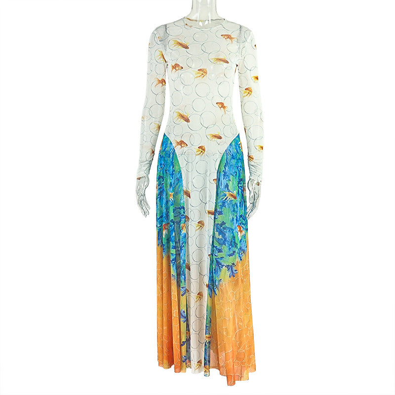 European and american style ins cross-border fashion patchwork women's clothing printing street work clothing a-line skirt round neck long sleeves waist dress