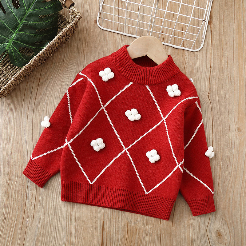 Winternew arrival new year's greetings kidssweatergirlknittingfleece-linedthickened small snowflake pullover bottom shirt