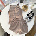 Girls' korean style gentle & elegant high-end suit: light coffee color exquisite gold buckle vest + matching shorts set