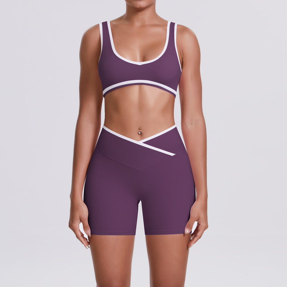 New arrival nude contrast colorpatchwork yoga clothes cross high waist butt lift shorts sports back suit running fitness clothes