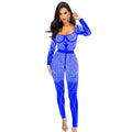 C6389 cross-border   fashion women's solid color mesh rhinestone long sleeve pants jumpsuit