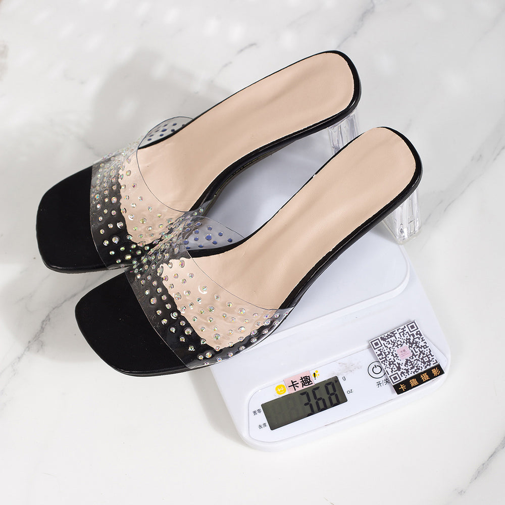 Fish mouth high heel slippers transparent rhinestone half slippers 2026 summer new crystal heel high heels women's sandals