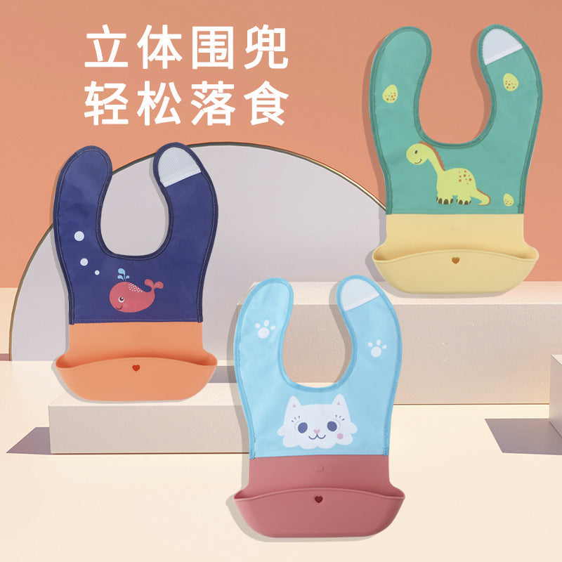 Baby tableware suitkidswaterproofpatchwork silicone bib baby cartoon eating special saliva pocket feeding
