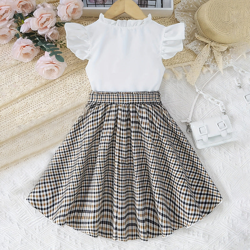 girls' summer dress: cute flutter sleeve printed faux two-piece patchwork plaid a-line skirt for kids