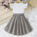 girls' summer dress: cute flutter sleeve printed faux two-piece patchwork plaid a-line skirt for kids