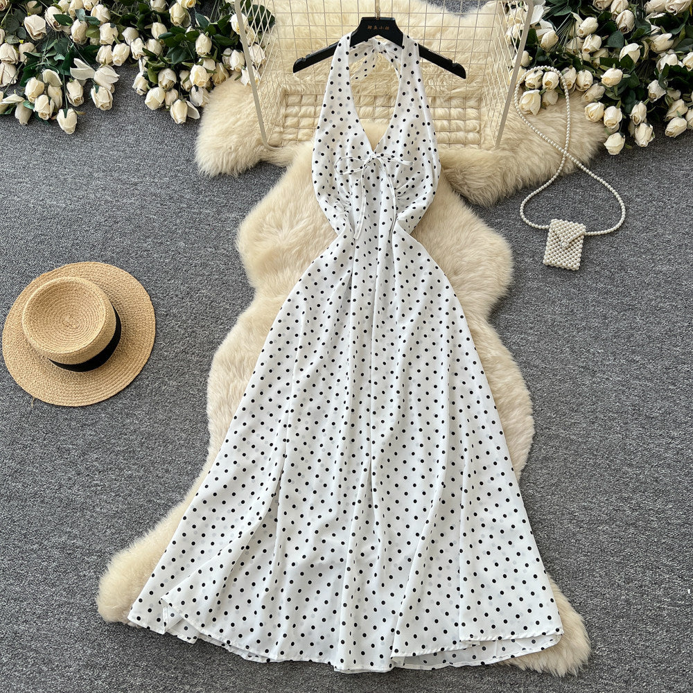 French halter polka dot sexy backless dress women's summer red deep v neck waist elegant vacation style long dress