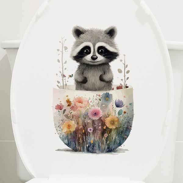 Cartoon raccoon flower toilet creative wall sticker toilet lid beautification waterproof decorative sticker toilet sticker