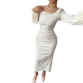 european and american new arrival: off-white embossed lace square neck maxi dress with rhinestone-embellished lantern sleeves, slim fit bodycon midi dress