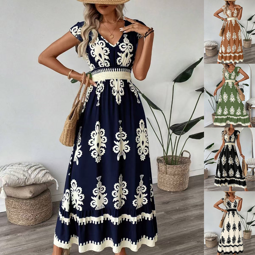 2025 new european and american amazon aliexpress summer fashion printed v-neck waist-defining long dress for women