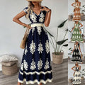 2025 new european and american amazon aliexpress summer fashion printed v-neck waist-defining long dress for women