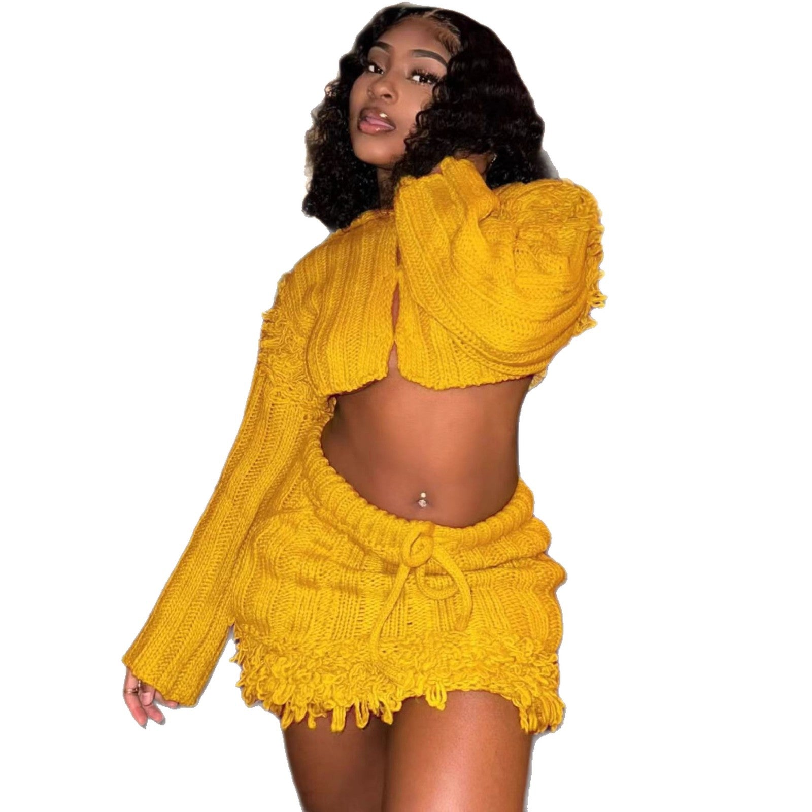 Cross-border Europe, America and 2025 new women's clothing sweet and spicy casual solid color open navel long-sleeved cardigan fringed skirt two-piece set