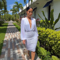 European and american cross-border women's fashion:  autumn new arrival - solid color long sleeve deep v-neck cinched waist ruched slim fit maxi dress