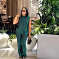 European and american cross-border women's fashion  autumn new solid color sleeveless round neck top slim fit casual wide leg pants set