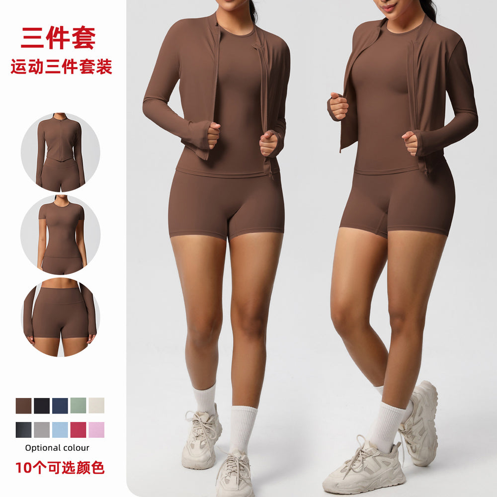 new breathable brushed fleece long-sleeve workout set - solid color three-piece gym outfit for women