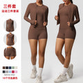 new breathable brushed fleece long-sleeve workout set - solid color three-piece gym outfit for women