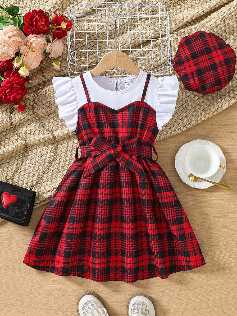 hot-selling girls' flutter sleeve crewneck plaid patchwork dress - cross-border exclusive