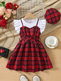 hot-selling girls' flutter sleeve crewneck plaid patchwork dress - cross-border exclusive