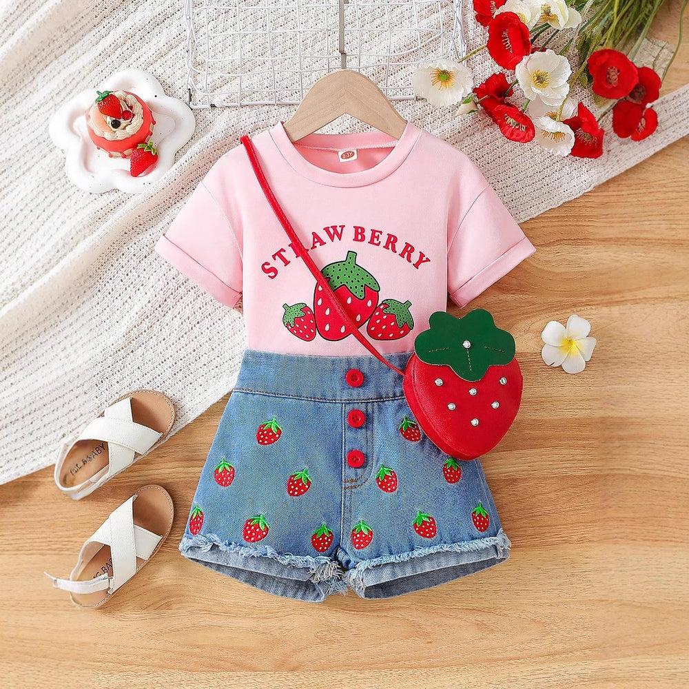 hot selling girls' crew neck printed tee + strawberry print denim shorts + bag set for little girls