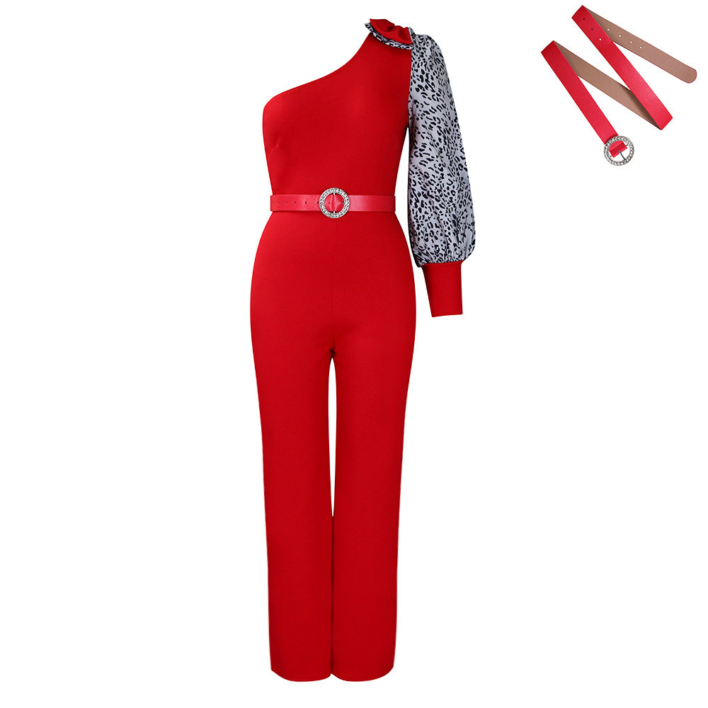 D405p with belt independent station foreign trade women's clothing slanted shoulder sexy waist elegant wide leg large size european and american jumpsuit