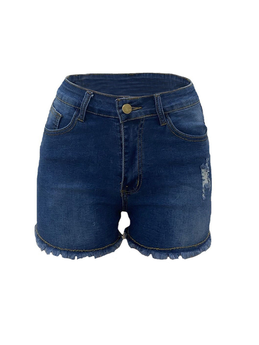 Amazon  hot selling denim shorts women's summer ins trendy high waist hem elastic ripped washed jeans