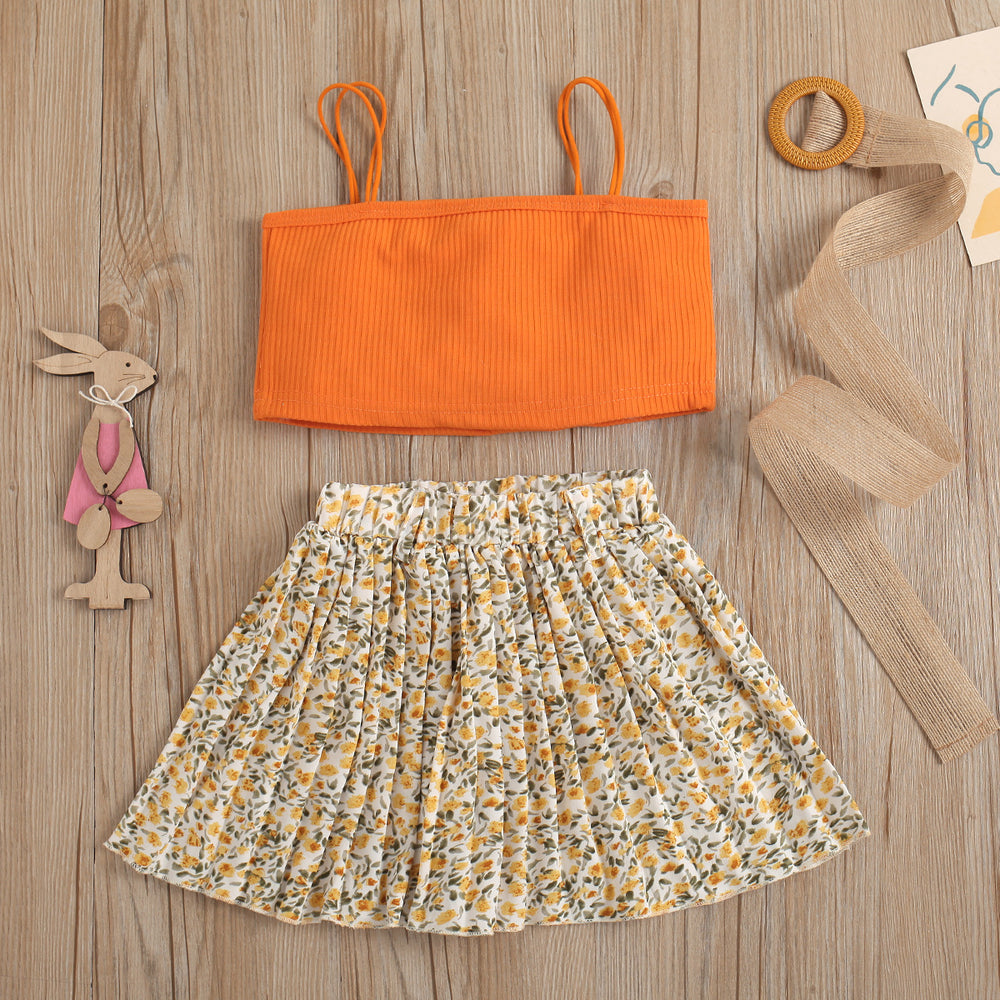 european and american style cross-border children's wear solid color ribbed tank top and printed pleated skirt two-piece set - exclusively for export