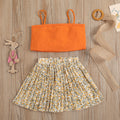 european and american style cross-border children's wear solid color ribbed tank top and printed pleated skirt two-piece set - exclusively for export