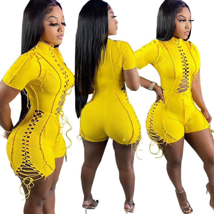 summer hot seller:  foreign trade women's fashion - european and american sexy solid color tie-up short sleeve jumpsuit
