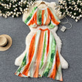 European and american style age-defying two-piece outfit: round neck lantern sleeve printed top + high-waisted flared skirt color block set