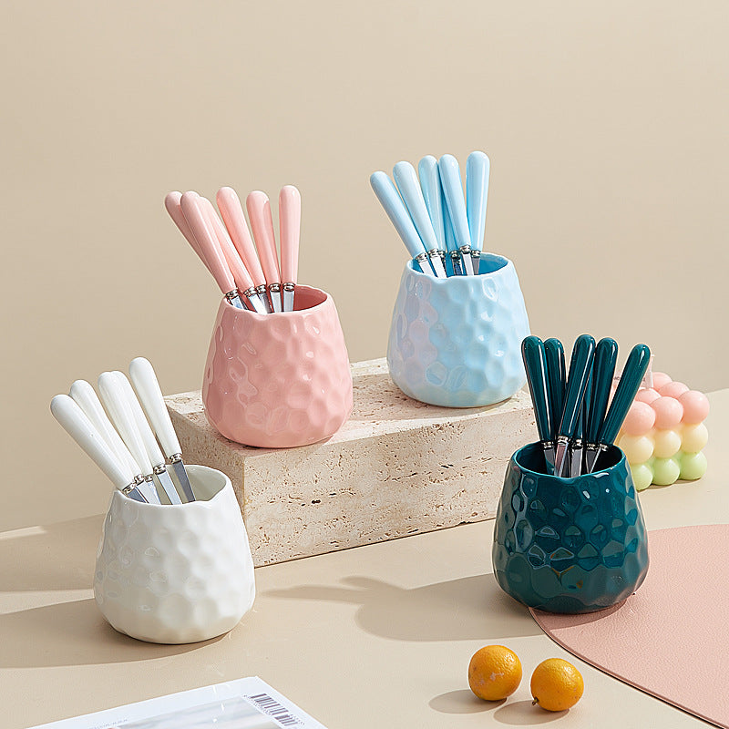Minimalist style cross-border water cube fruit fork storage jar ceramic handle fruit fork hammered texture high-value jar set