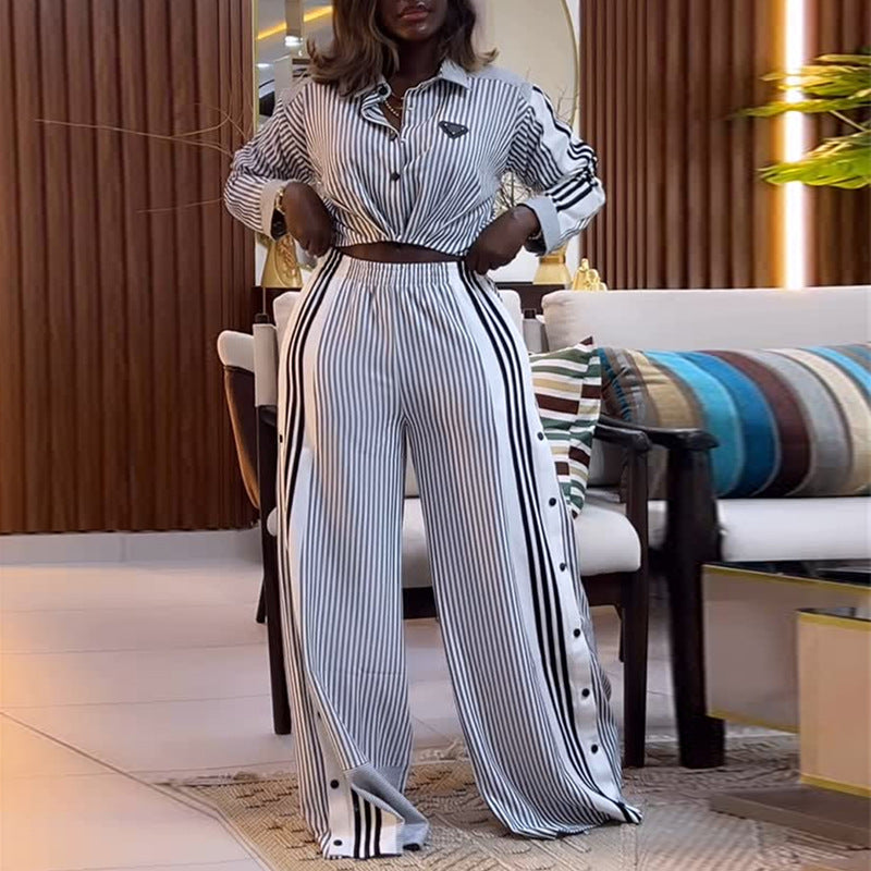 European and american cross-border women's fashion:  autumn new collection - stylish striped cropped long-sleeve shirt and wide-leg pants casual set