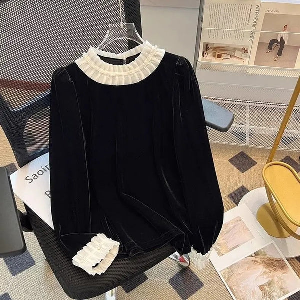 European and American  independent station   women elegant contrasting colors pleated lace collar sleeves velvet T-shirt