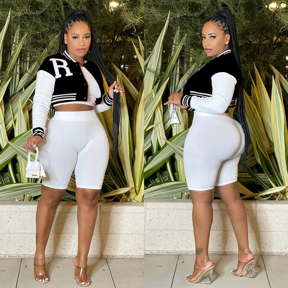 X6001 cross-border   fashion women's long-sleeved cropped jacket with lined shorts three-piece set